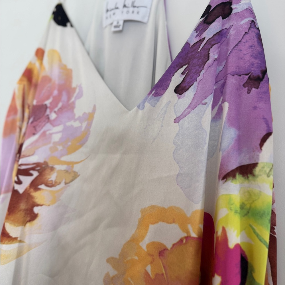 Nicole Miller Watercolor Floral Trapeze Maxi Dresssz 8 White - Picture 8 of 11